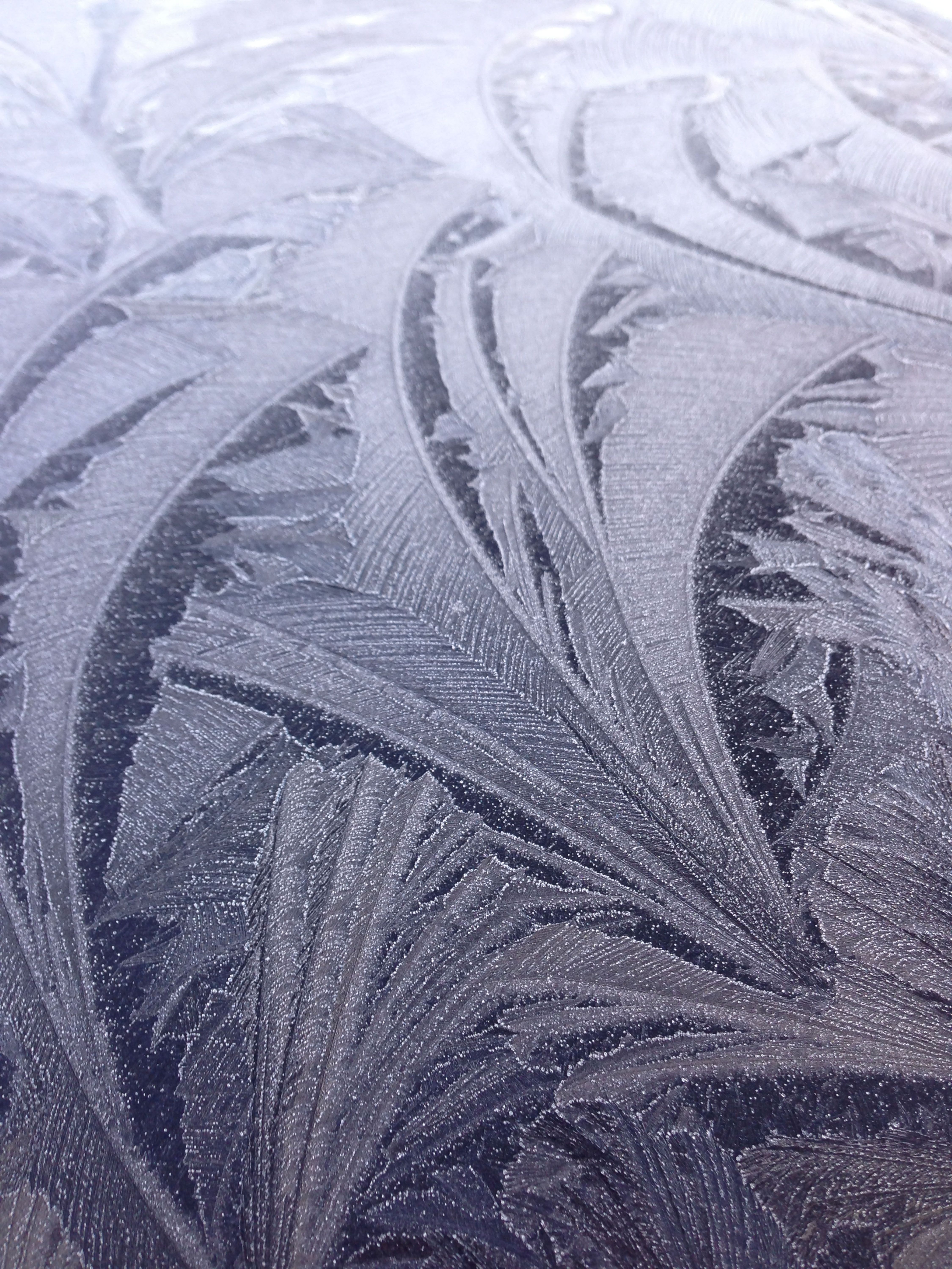 Close-up of frosty patterns forming on a car window, showcasing intricate designs.