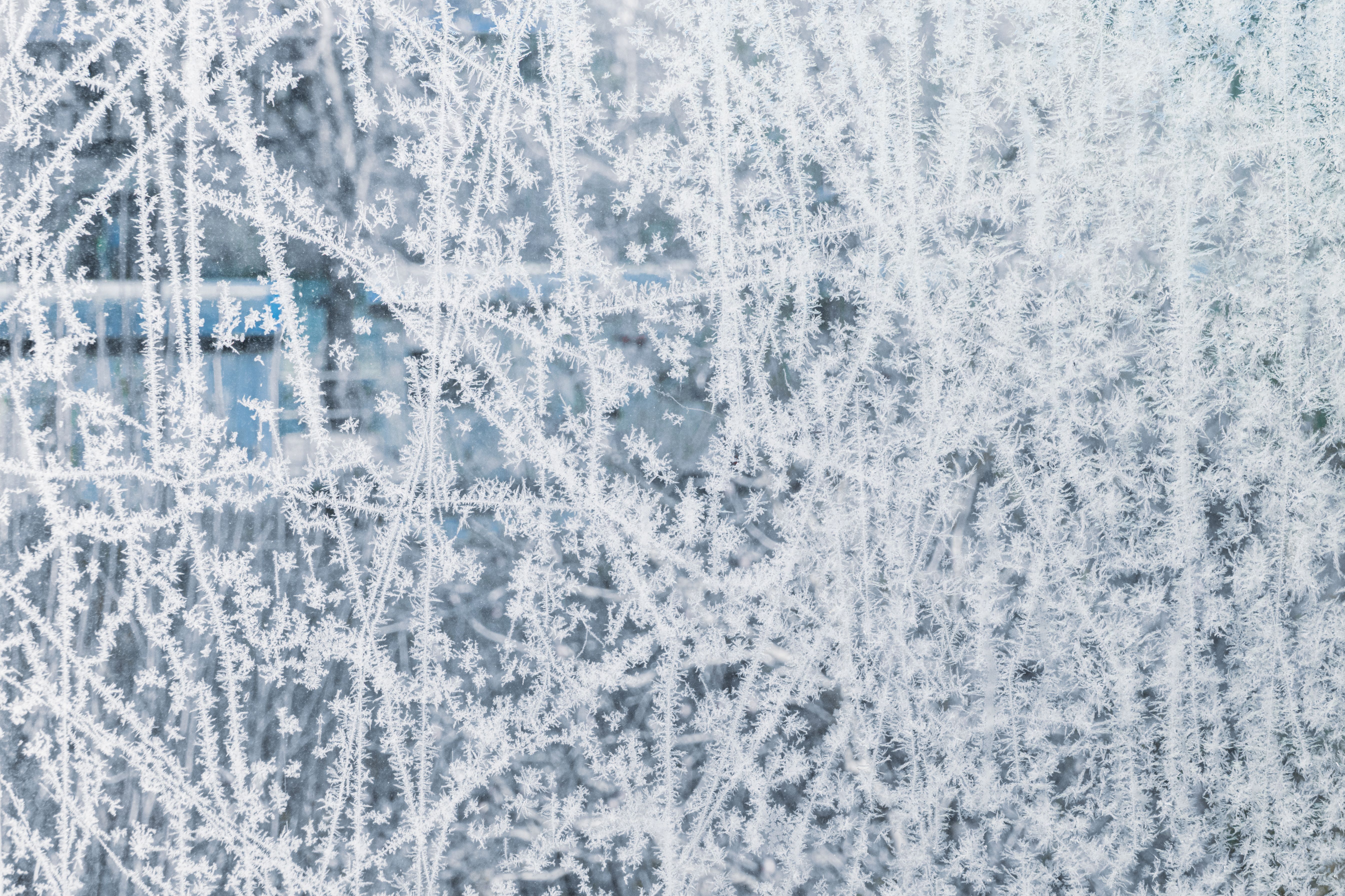 Close-up of delicate frost forming intricate patterns on a cold winter window, showcasing nature's artistry.